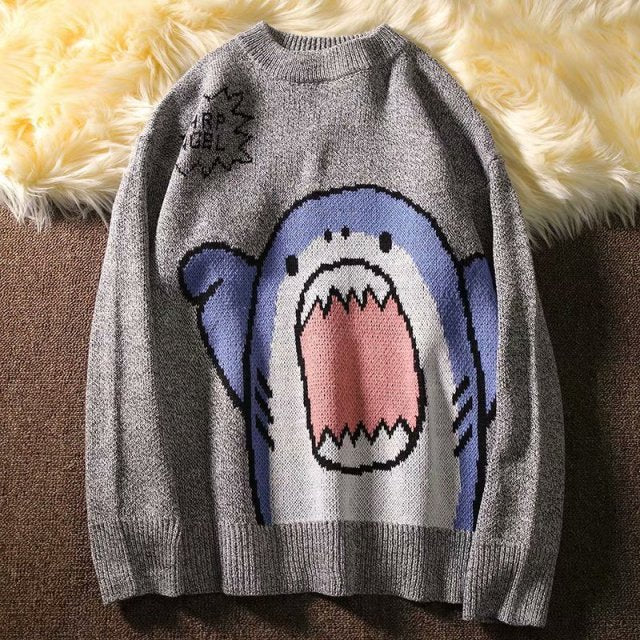 ZAZOMDE Men Turtlenecks Shark Sweater Men 2020 Winter Patchwor Harajuku Korean Style High Neck Oversized Grey Turtleneck For Men