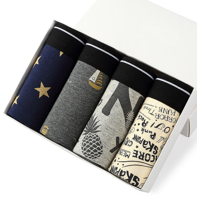 4Pcs/Lot Men's Panties Boxer Print Underwear Cotton Shorts For Male Couple Sexy Set Calecon Large Size Underpants L-5XL