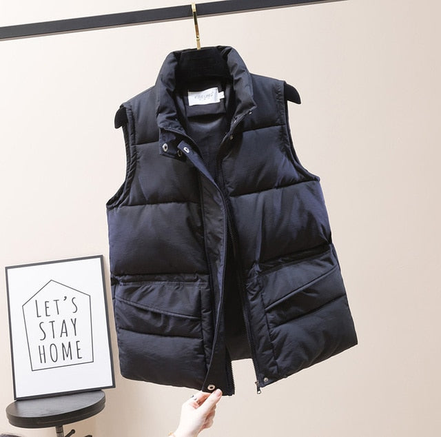 Solid Short Style Vest for Women Cotton Padded Women's Winter Sleeveless Jacket with Zipper Stand Collar Casual Coats