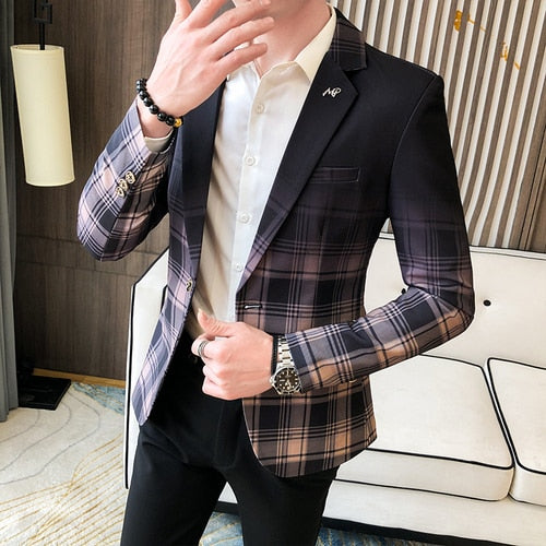 2021 Spring Men's Plaid Blazer Fashion Business Casual Men's Slim Suit Jacket Large Size Casual Banquet Wedding Party Club Dress
