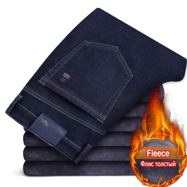 2021 Winter New Men's Warm Slim Fit Jeans Business Fashion Thicken Denim Trousers Fleece Stretch Brand Pants Black Blue