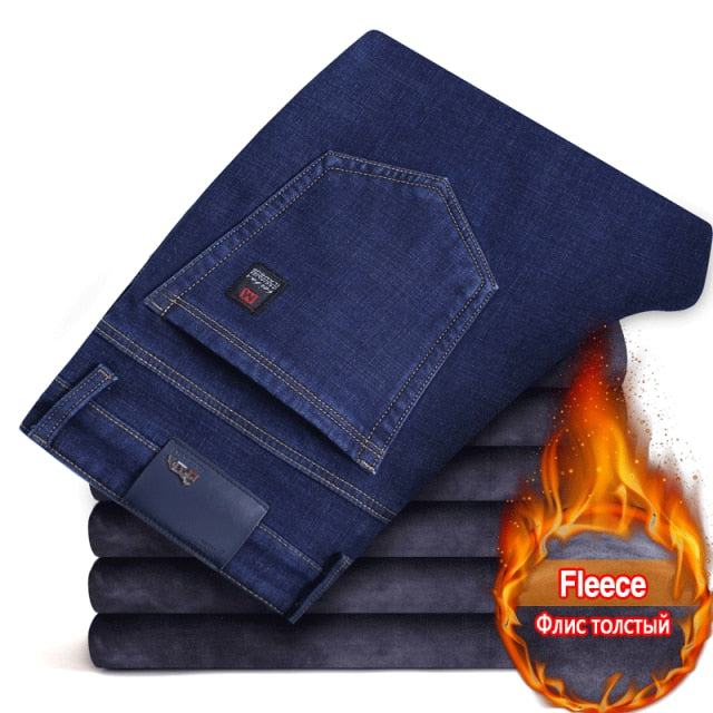 2021 Winter New Men's Warm Slim Fit Jeans Business Fashion Thicken Denim Trousers Fleece Stretch Brand Pants Black Blue