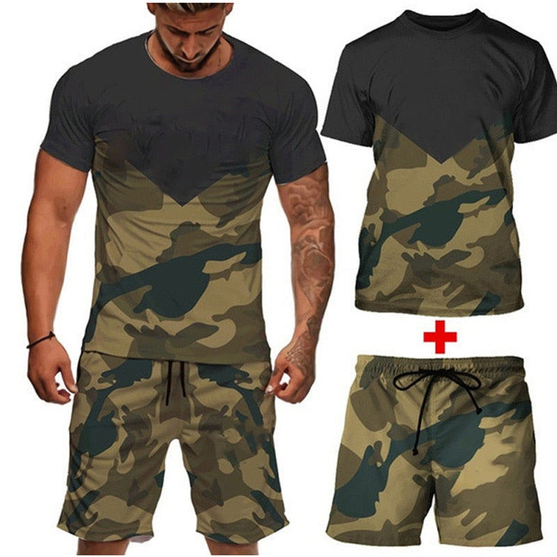Summer 2021 Men's Camouflage Short Sleeve Shorts Two Piece Sport Suit for Leisure Fitness Casual Shorts Suit Male