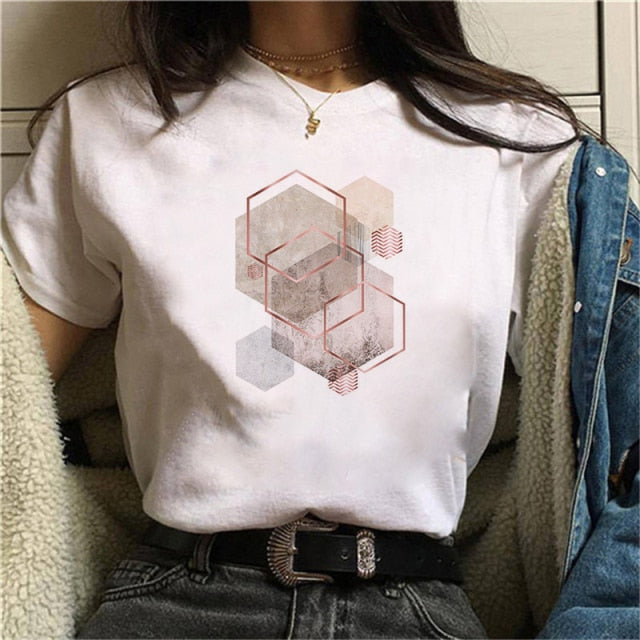 Beautiful Geometry Printed T Shirt Women 90s Graphic T-shirt Harajuku Tops Tee Cute Short Sleeve Oversized Tshirt Female Tshirts
