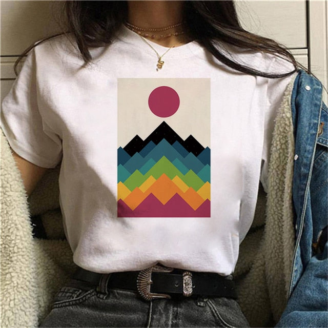 Beautiful Geometry Printed T Shirt Women 90s Graphic T-shirt Harajuku Tops Tee Cute Short Sleeve Oversized Tshirt Female Tshirts