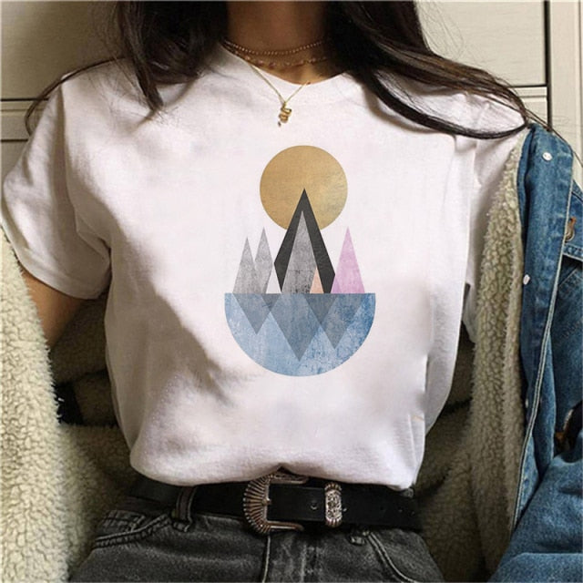 Beautiful Geometry Printed T Shirt Women 90s Graphic T-shirt Harajuku Tops Tee Cute Short Sleeve Oversized Tshirt Female Tshirts