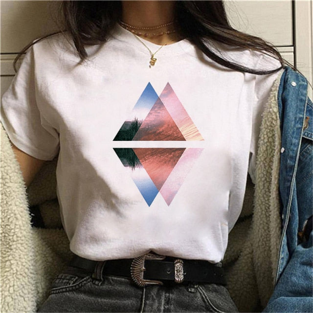 Beautiful Geometry Printed T Shirt Women 90s Graphic T-shirt Harajuku Tops Tee Cute Short Sleeve Oversized Tshirt Female Tshirts