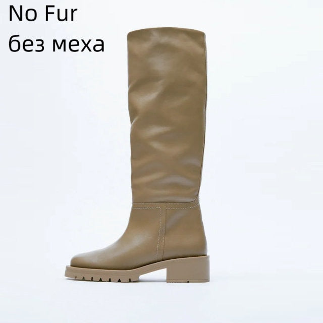 QUTAA ZA Fashion Women Knee High Boots Full Cow Leather Warm Flats INS Thick High Heels Motorcycle Boots Woman Lady Shoes 34-43