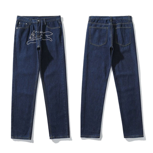 Dog Print Straight Loose Jeans Mens Retro High Street Oversize Casual Denim Trousers Harajuku Washed Hip Hop Jean Pants