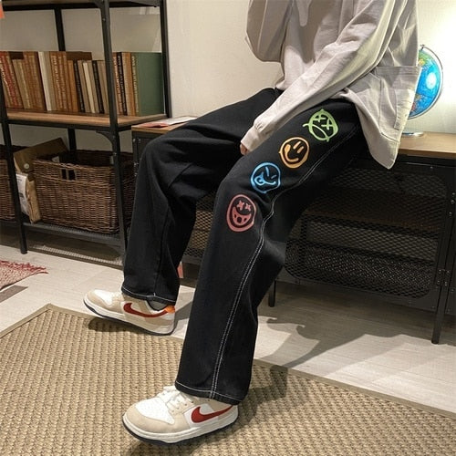 Colorful Smiley Print Jeans for Men Baggy Straight Leg Denim Pants Teen Fashion Trend Clothes Oversized Trouser Male Streetwear