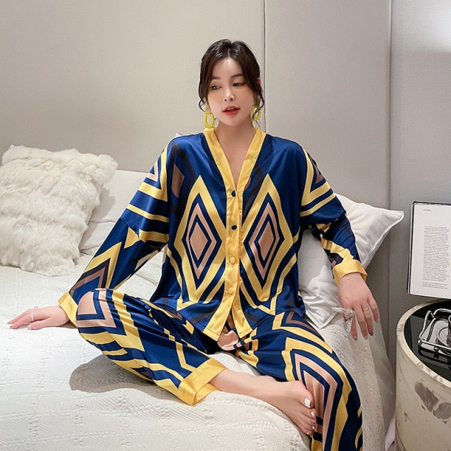 QSROCIO Women's Pajamas Set V Neck Design Luxury Cross Letter Print Sleepwear Silk Like Home Clothes XXL Large Size Nightwear