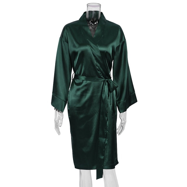 Solid Color Sleepwear Loose Flare Home Pants Three Quarter Sleeve Satin Robe Sets Bathrobe For Women Pajama Fashion Spring 2021