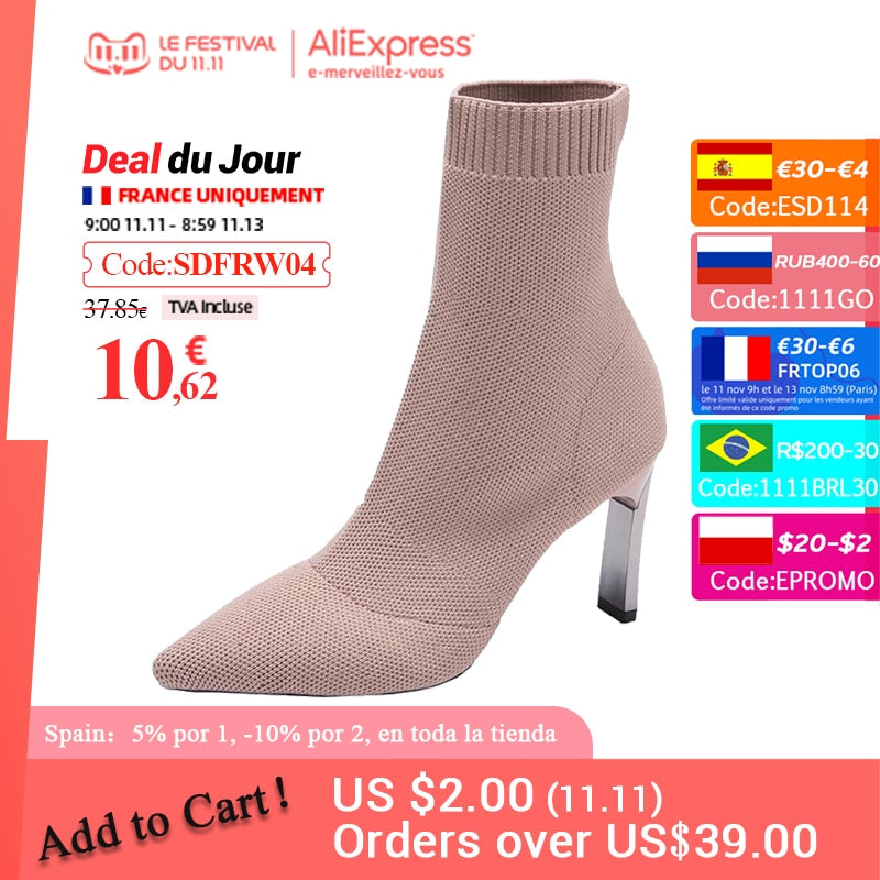 Aphixta Metal Blade Heels Socks Boots Women Stretch Fabric Elastic Stilettos Heel Pointed Toe Ankle Boots Shoes Woman Boats