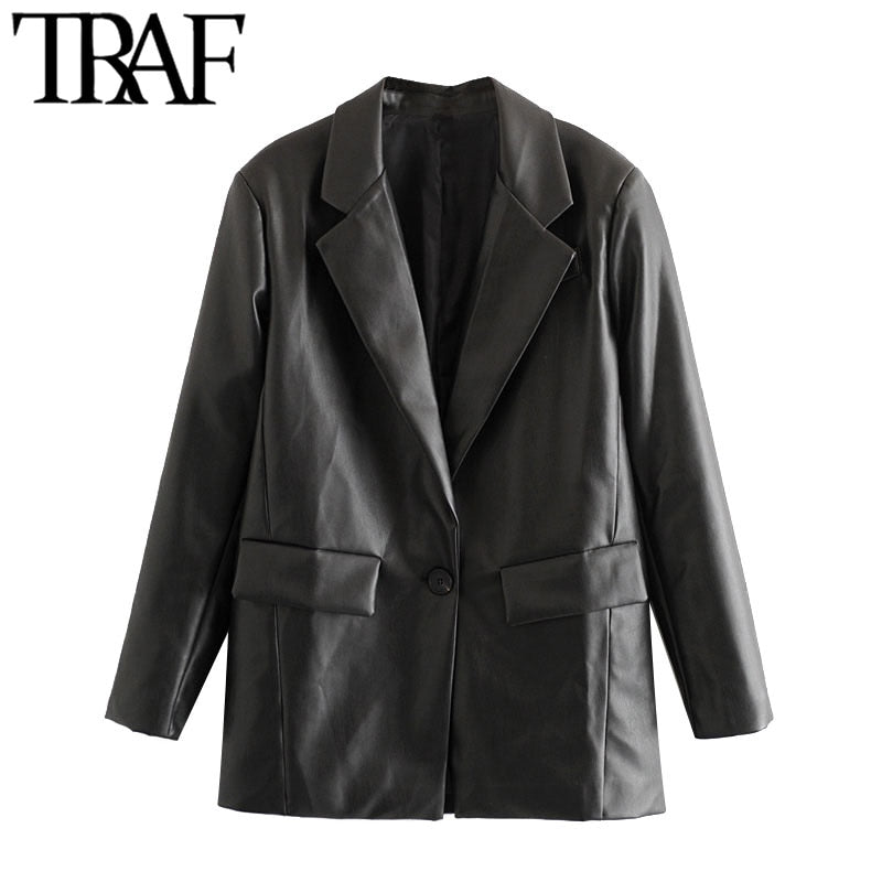TRAF Women Fashion PU Faux Leather Loose Blazer Coat Vintage Pockets Long Sleeve Back Vents Female Outerwear Chic Tops
