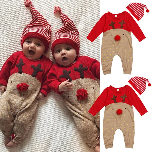 Christmas Jumpsuit  Newborn Infant Baby Boy Girl Kid Cute Wear  Deer XMAS Romper Clothes Hat Long Sleeve Outfits