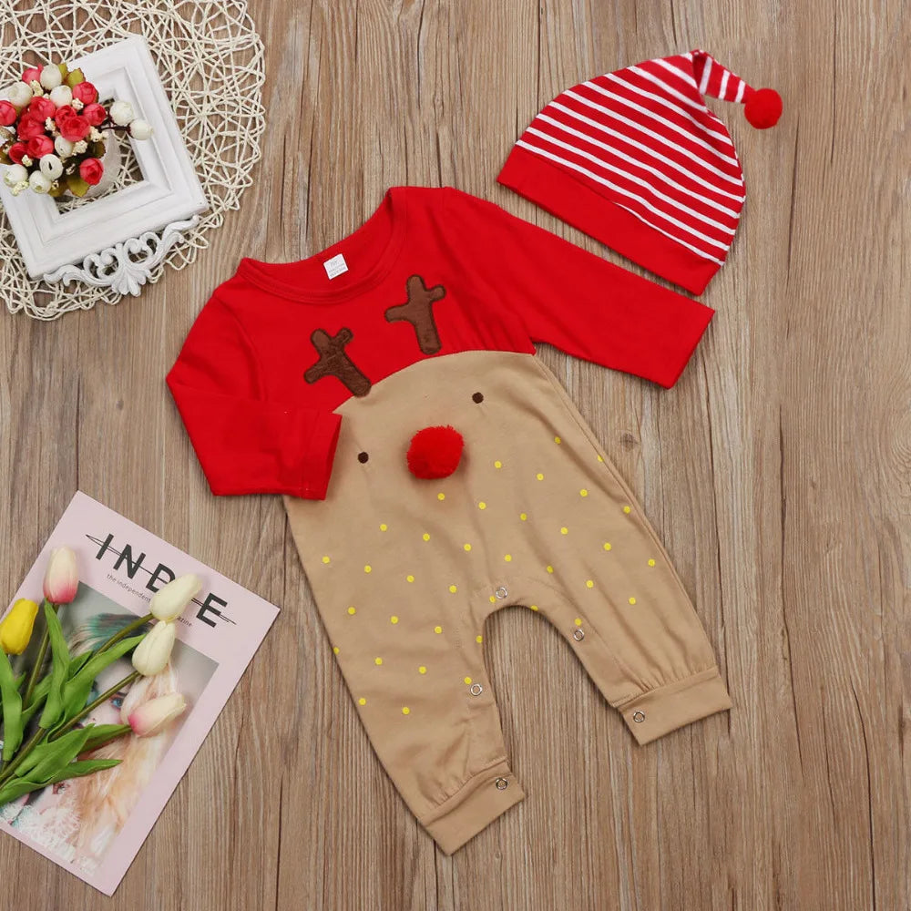 Christmas Jumpsuit  Newborn Infant Baby Boy Girl Kid Cute Wear  Deer XMAS Romper Clothes Hat Long Sleeve Outfits