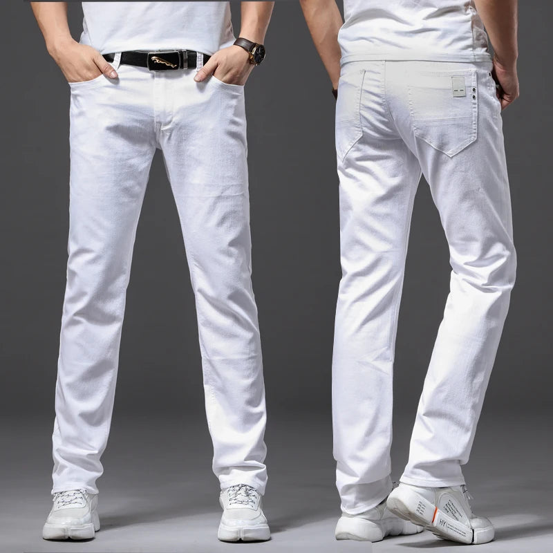 Brother Wang Men White Jeans Fashion Casual Classic Style Slim Fit Soft Trousers Male Brand Advanced Stretch Pants