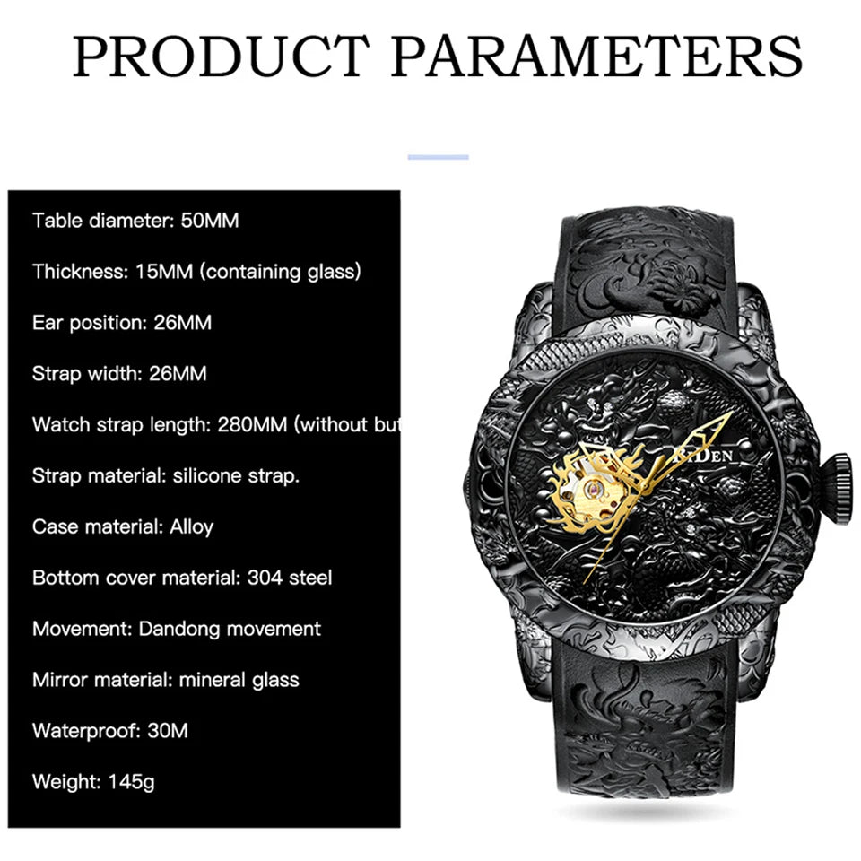 Men Mechanical Watch Man Big Watches Gold Full Black Wristwatch Creative Golden Dragon Watches Laser Engraved Male Clock Reloj