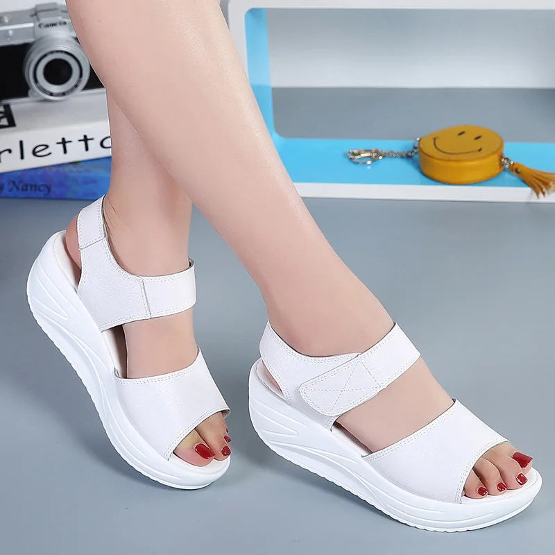 WOIZGIC Women's Mother Ladies Female Genuine Leather Shoes Sandals Woman Platform Hook Loop Casual Summer Cool Beach AM-9018