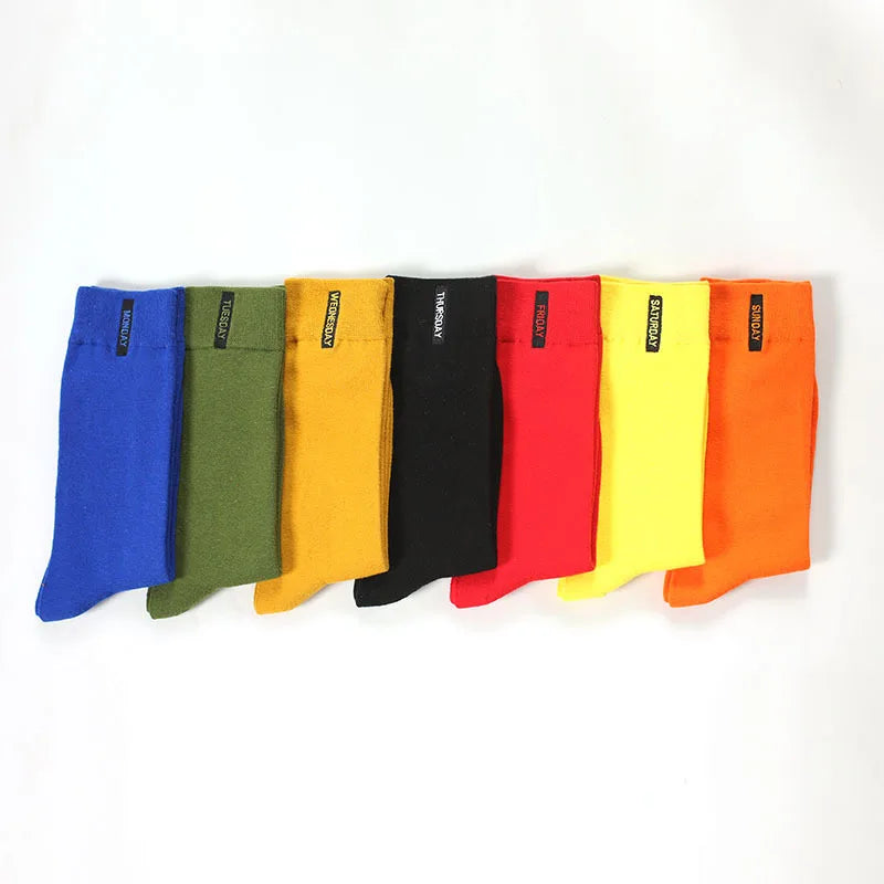 New Men's Colored Cotton High Quality Solid Color Business Casual Week Long Socks 7 Pair