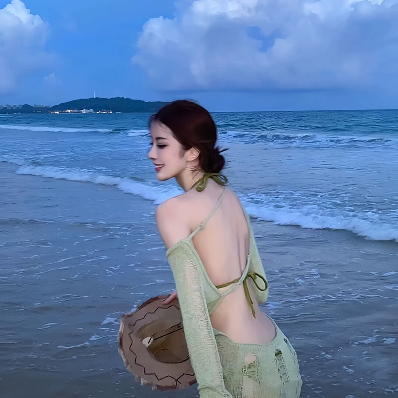 Swimsuit Women's Ins Style French Style Green Knitting Ripped Bikini Long Sleeves Sun Protective Blouse Small Chest Gathered Bare Back
