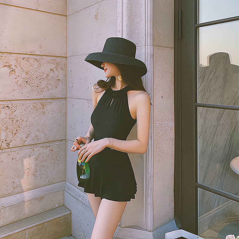 French Swimsuit Women's Covering Belly Thin Ins Style Hot Spring New Sexy Fairy Style V Neck Backless Dress Style One Piece Swimsuit