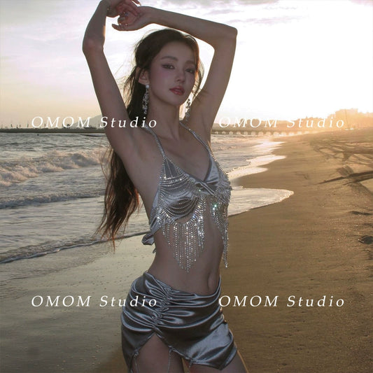 Omom2023 Shiny Swimsuit Women's Small Size Sexy Bikini Four-Piece Suit Swimsuit Seaside Vacation