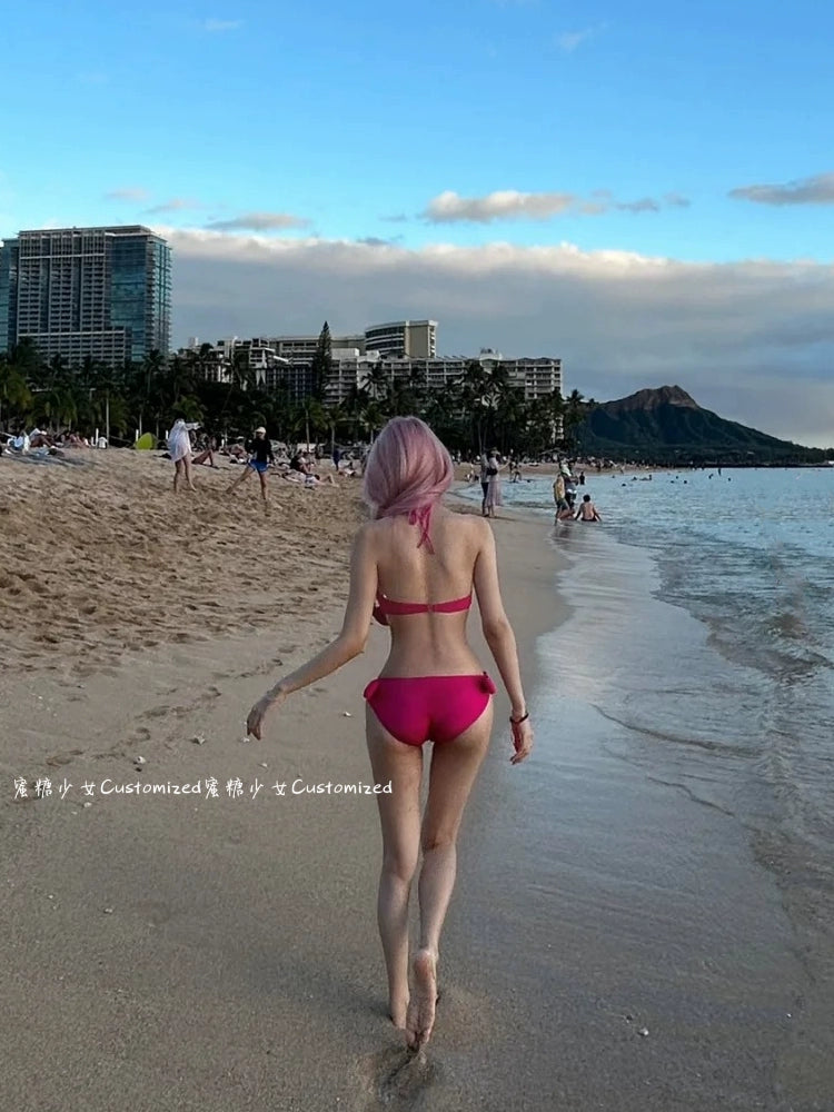 Pink ~ Pure Desire Style Pink White Three-Dimensional Big Bow Swimsuit Female Sexy Gathering Small Chest Steel Bracket Bikini