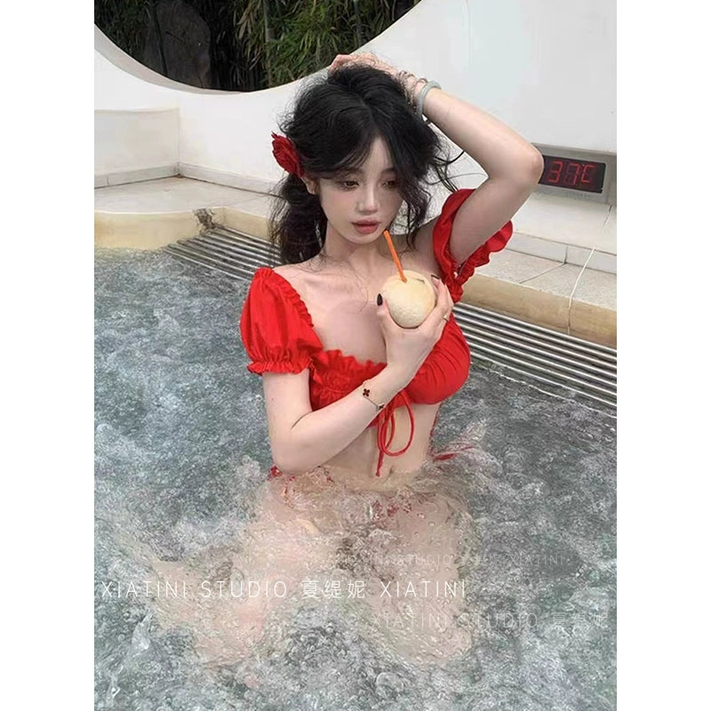 Fashion Style Sexy Swimsuit Female Summer 2024 New Vacation Bikini Red Big and Small Chest Gathered Hot Spring Swimsuit