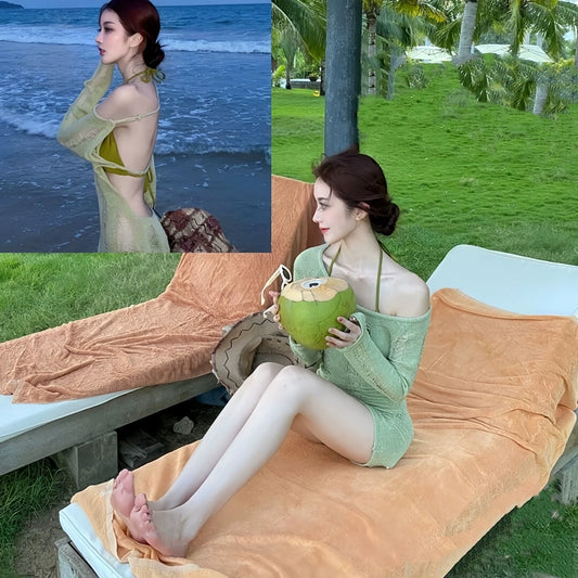 Swimsuit Women's Ins Style French Style Green Knitting Ripped Bikini Long Sleeves Sun Protective Blouse Small Chest Gathered Bare Back