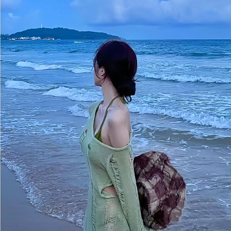 Swimsuit Women's Ins Style French Style Green Knitting Ripped Bikini Long Sleeves Sun Protective Blouse Small Chest Gathered Bare Back