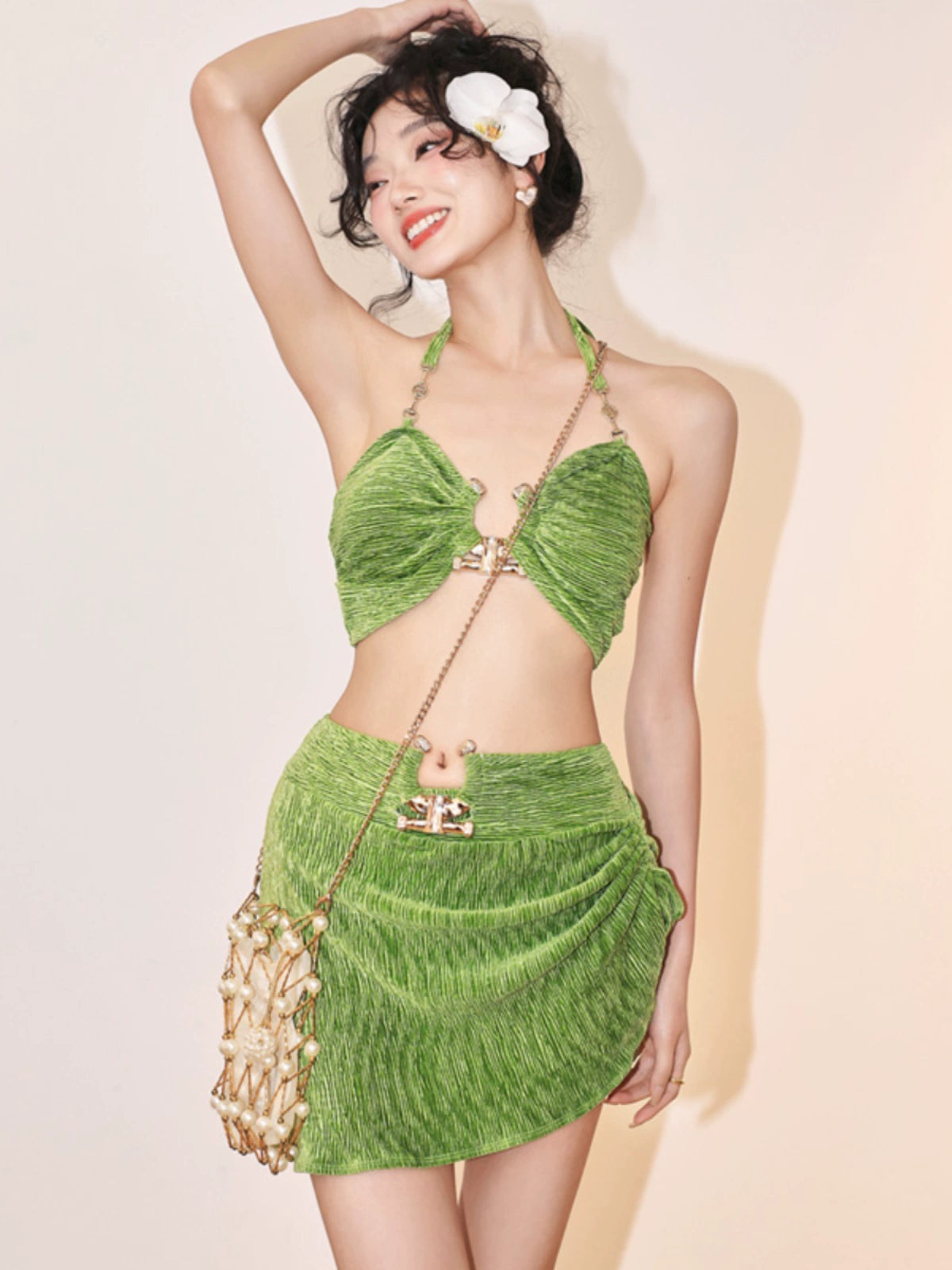 Omom2024 Spring/Summer Kong Xueer Same Style Green Swimsuit Fashion Sexy Female Bikini Small Chest Gather Swimwear