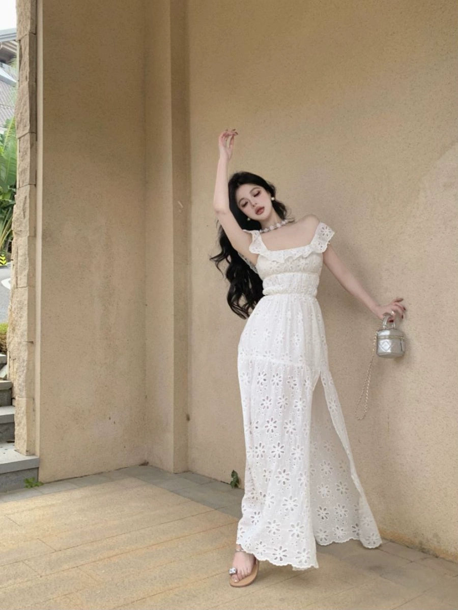 White Stylish Backless Slimming Sling Vacation Skirt