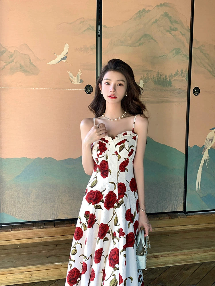 Deng Liuliu French Style Lady Floral Strap Dress Women's Summer Texture Fancy Red Rose Vacation Dress
