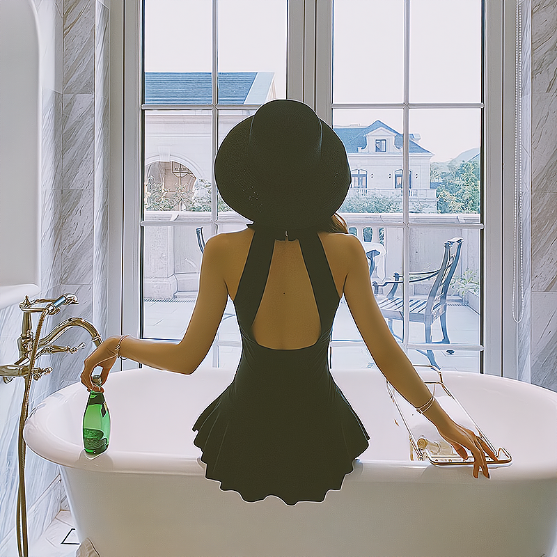 French Swimsuit Women's Covering Belly Thin Ins Style Hot Spring New Sexy Fairy Style V Neck Backless Dress Style One Piece Swimsuit