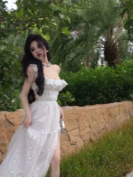 White Stylish Backless Slimming Sling Vacation Skirt