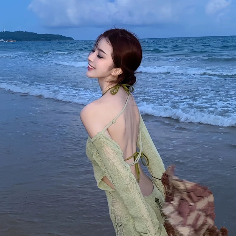 Swimsuit Women's Ins Style French Style Green Knitting Ripped Bikini Long Sleeves Sun Protective Blouse Small Chest Gathered Bare Back