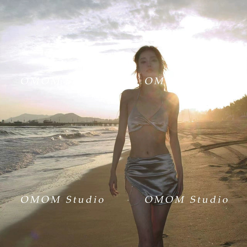 Omom2023 Shiny Swimsuit Women's Small Size Sexy Bikini Four-Piece Suit Swimsuit Seaside Vacation