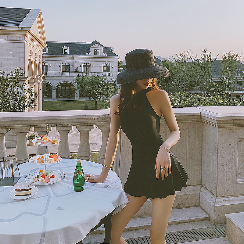 French Swimsuit Women's Covering Belly Thin Ins Style Hot Spring New Sexy Fairy Style V Neck Backless Dress Style One Piece Swimsuit