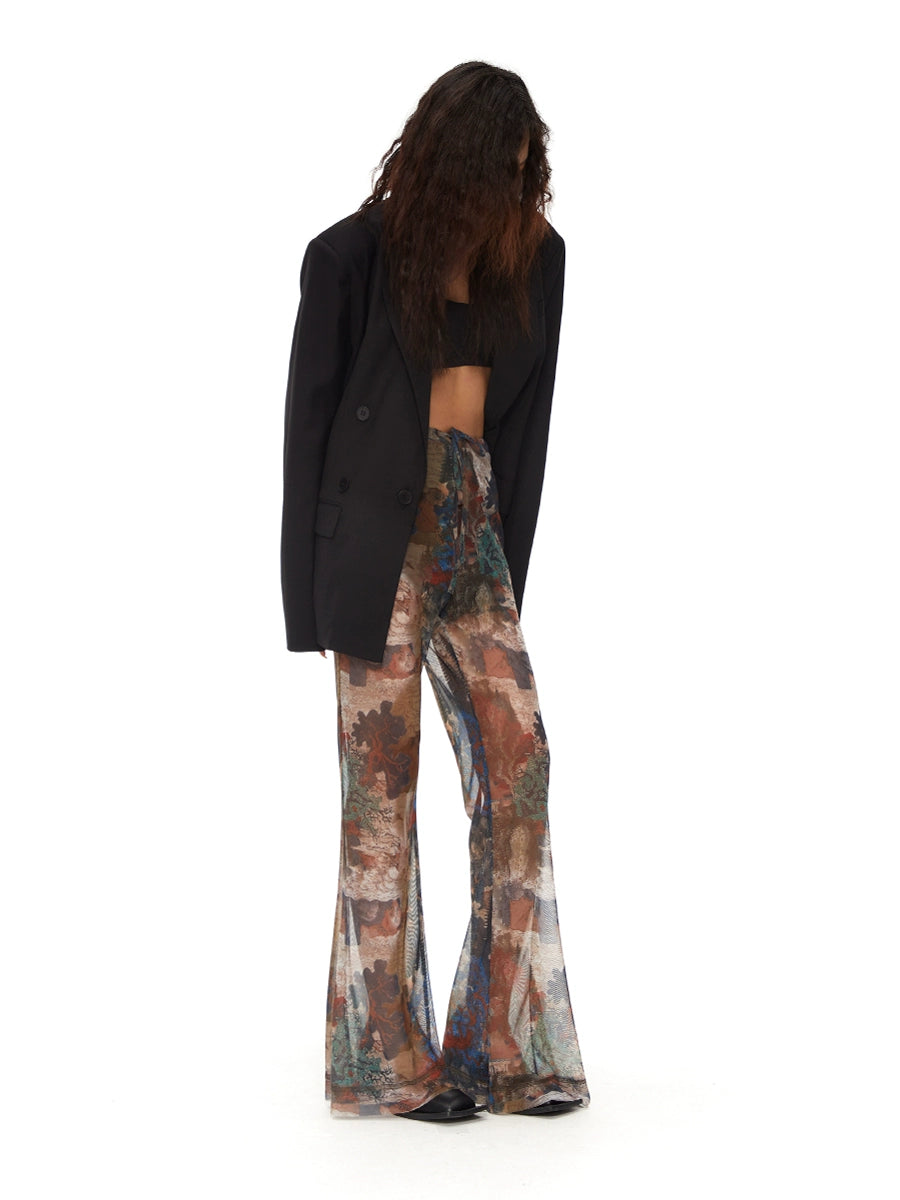 Thelight Retro Print Bootcut Trousers Women's Summer Breathable Mesh Stylish Long Pants Sub-Culture