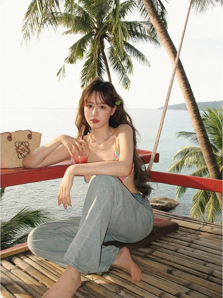 Women's Swimsuit 2023 New Arrival Color Print Ruched Bikini Steel Support Small Chest Push up Separates Ins Hot Spring Vacation