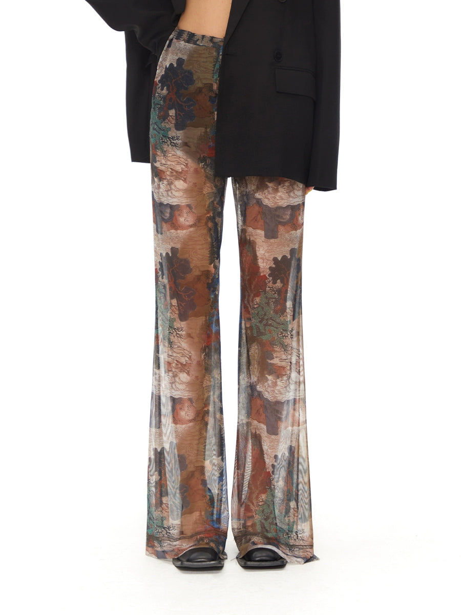 Thelight Retro Print Bootcut Trousers Women's Summer Breathable Mesh Stylish Long Pants Sub-Culture