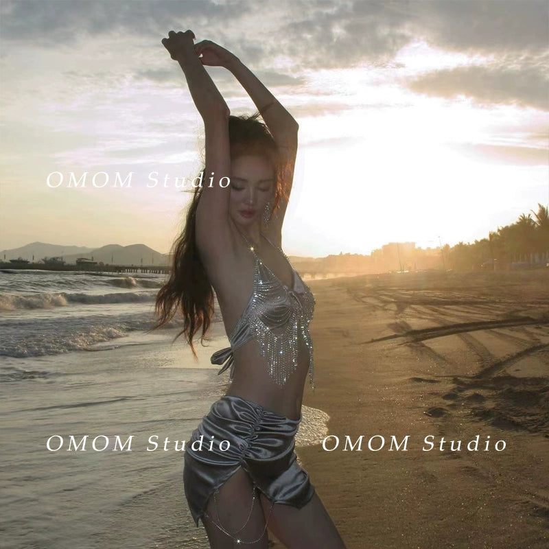 Omom2023 Shiny Swimsuit Women's Small Size Sexy Bikini Four-Piece Suit Swimsuit Seaside Vacation