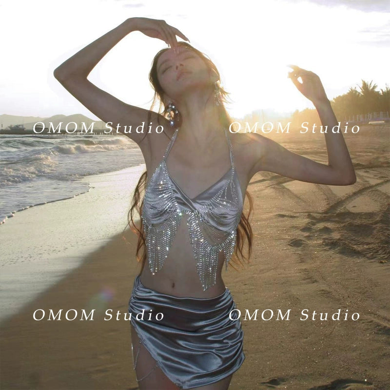 Omom2023 Shiny Swimsuit Women's Small Size Sexy Bikini Four-Piece Suit Swimsuit Seaside Vacation