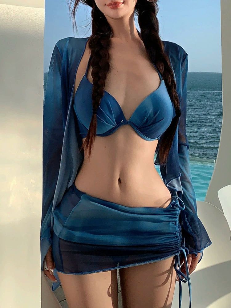 Mosricci Sexy Pure Desire Wind European American Dream Girl Blouse Sun Protection Flab Hiding Bikini Four-Piece Suit Women's Separates Swimsuit