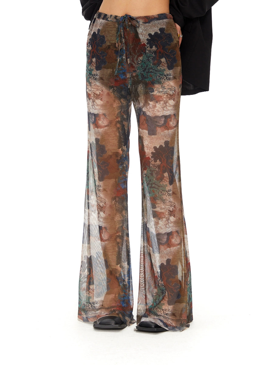 Thelight Retro Print Bootcut Trousers Women's Summer Breathable Mesh Stylish Long Pants Sub-Culture