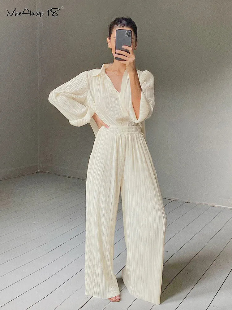 Mnealways18 Beige Pleated Wide Leg Pants Womens Pants Fashion 2024 Casual Loose Trousers Office Lady Elegant Long Palazzo Pants