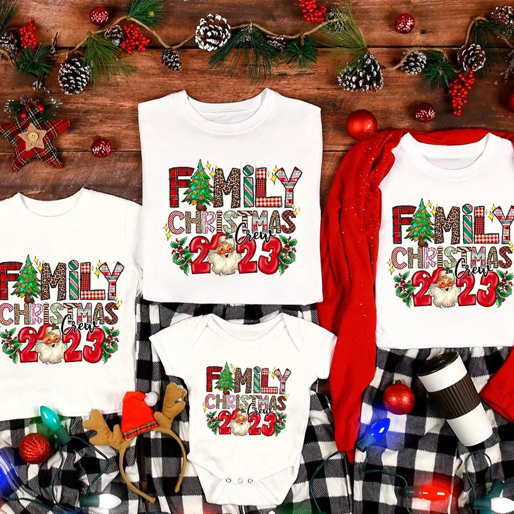 Family Christmas Crew 2023 Matching Tshirts Adult Kids T-shirt Baby Rompers Father Mother Daughter Son Matching Family Outfits