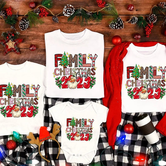 Family Christmas Crew 2023 Matching Tshirts Adult Kids T-shirt Baby Rompers Father Mother Daughter Son Matching Family Outfits