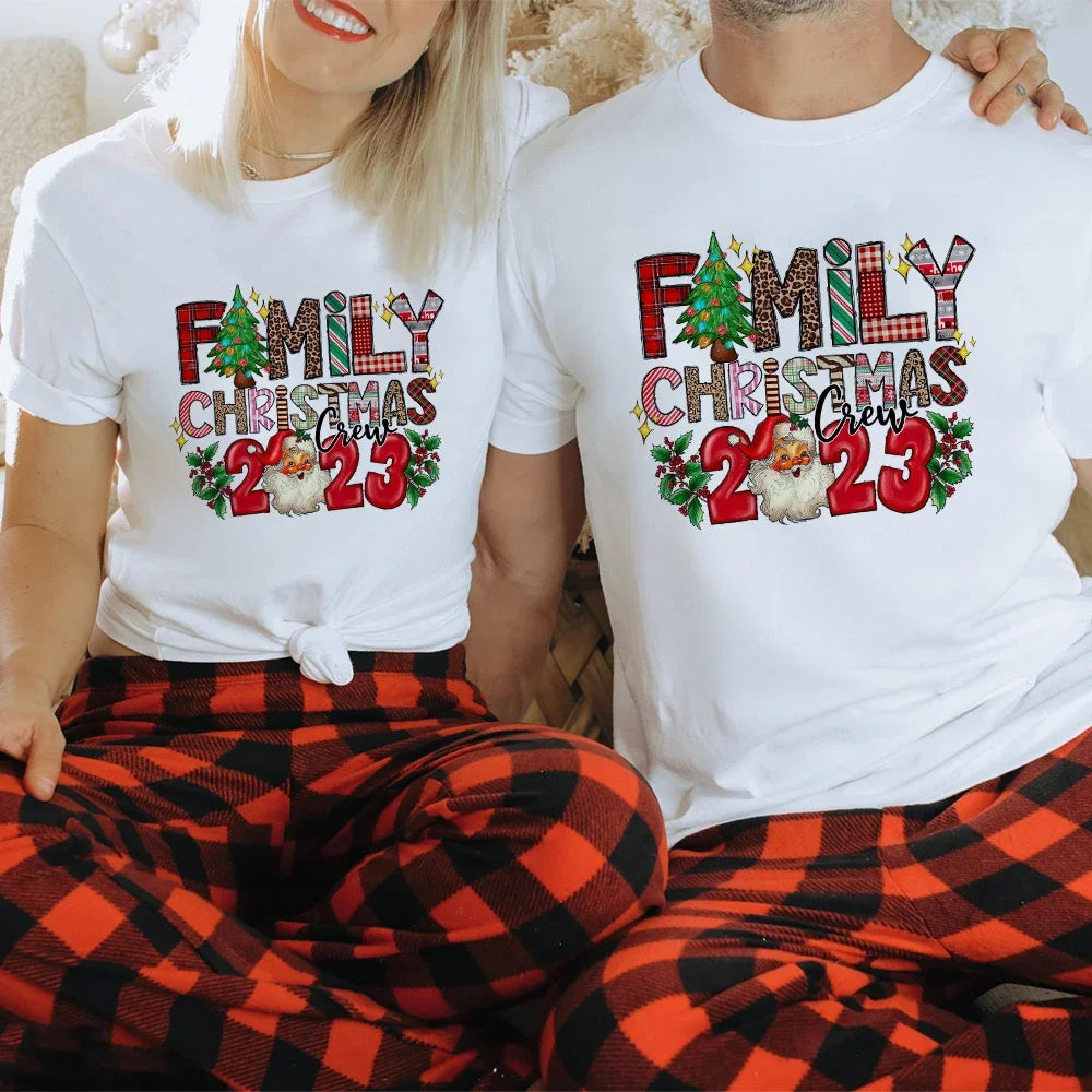 Family Christmas Crew 2023 Matching Tshirts Adult Kids T-shirt Baby Rompers Father Mother Daughter Son Matching Family Outfits